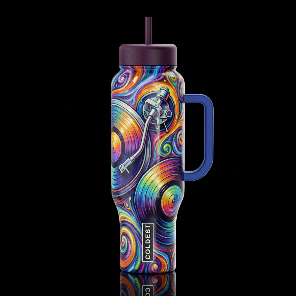 vibrant colorful abstract, retro turntable and vin... water bottle design