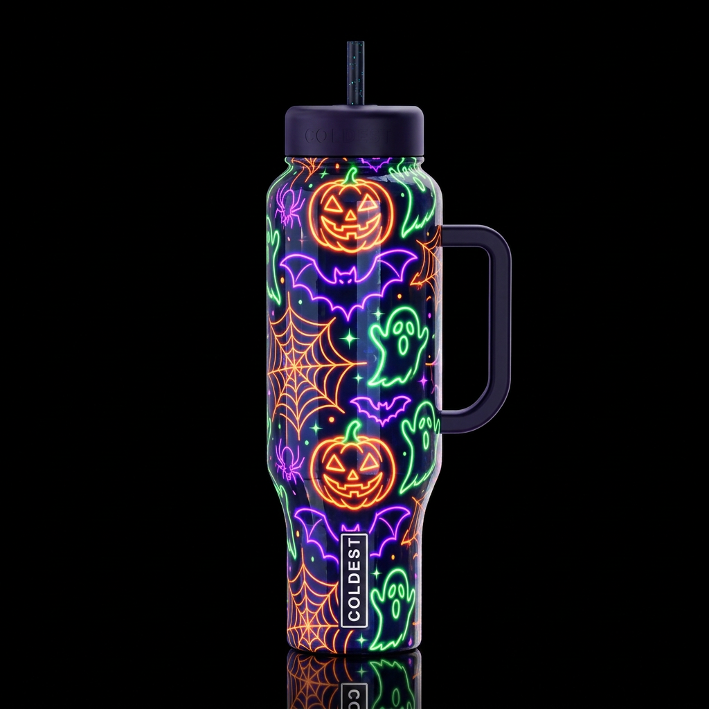 Halloween, abstract neon jack o lanterns bats ghos... water bottle design