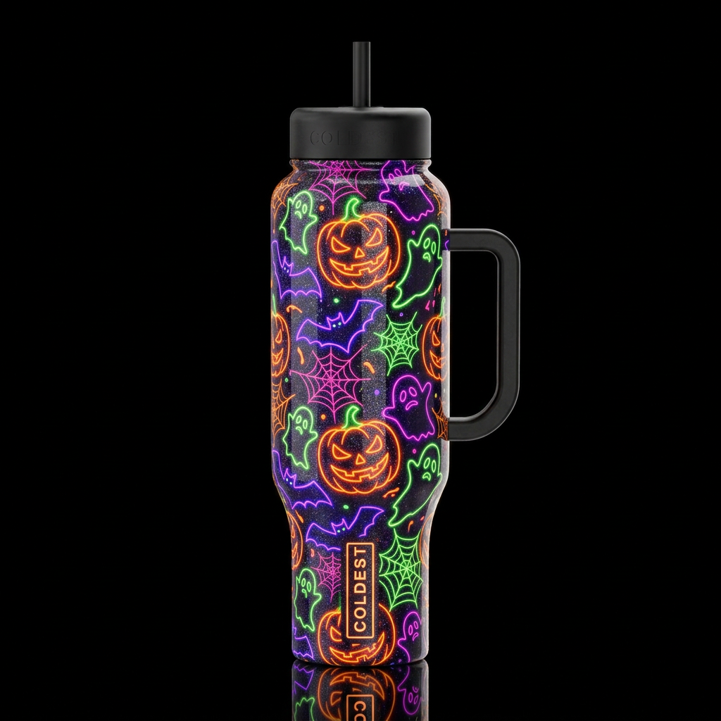Halloween, abstract neon jack o lanterns bats ghos... water bottle design