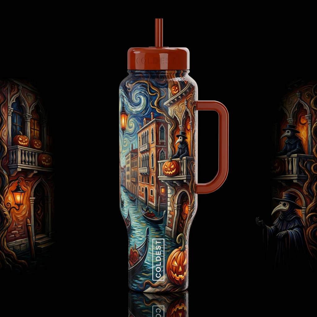 Halloween in Venice Italy, oil painted, swirls HIg... water bottle design