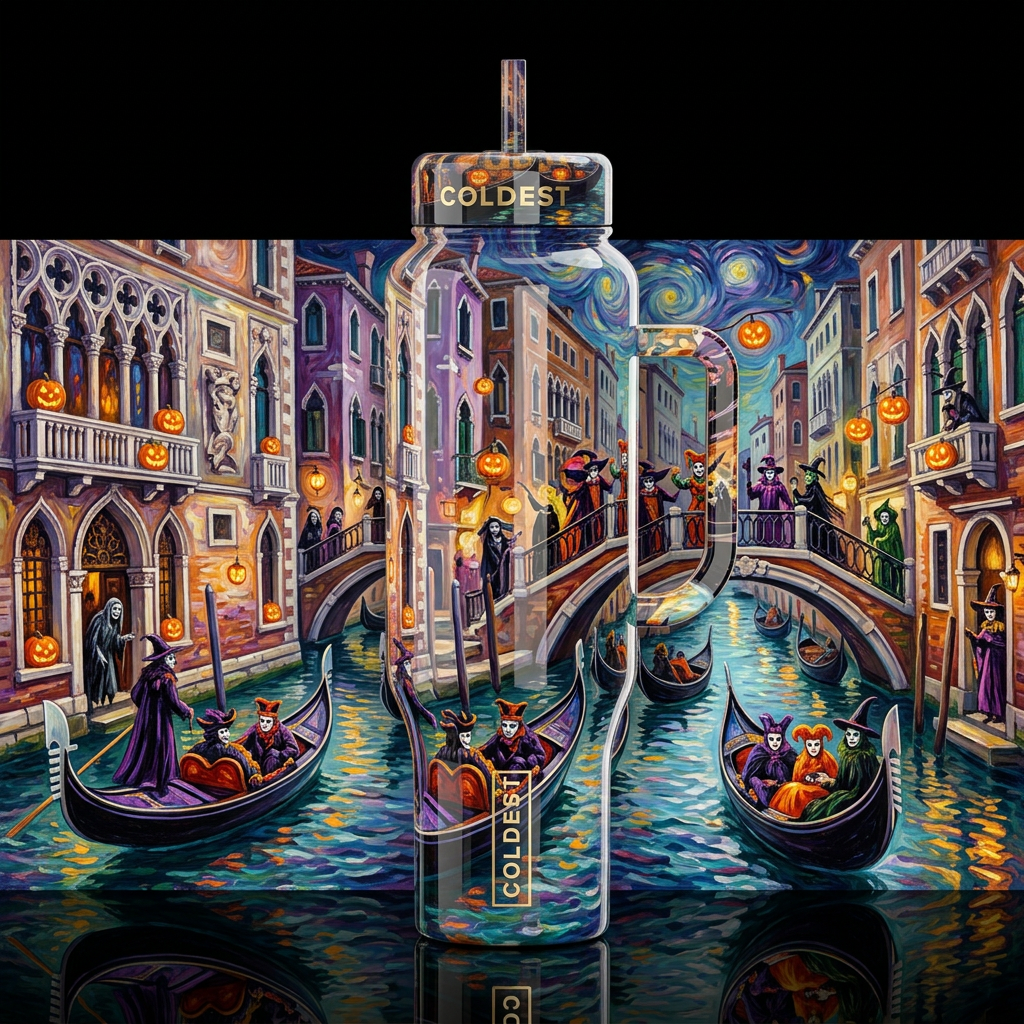 Halloween in Venice Italy, oil painted, swirls HIg... water bottle design