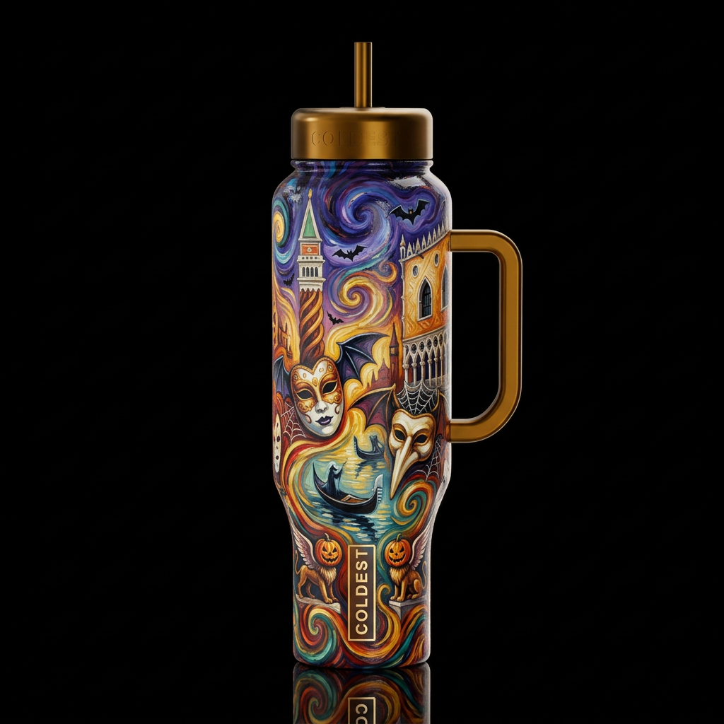 Halloween in Venice Italy, oil painted, swirls HIg... water bottle design