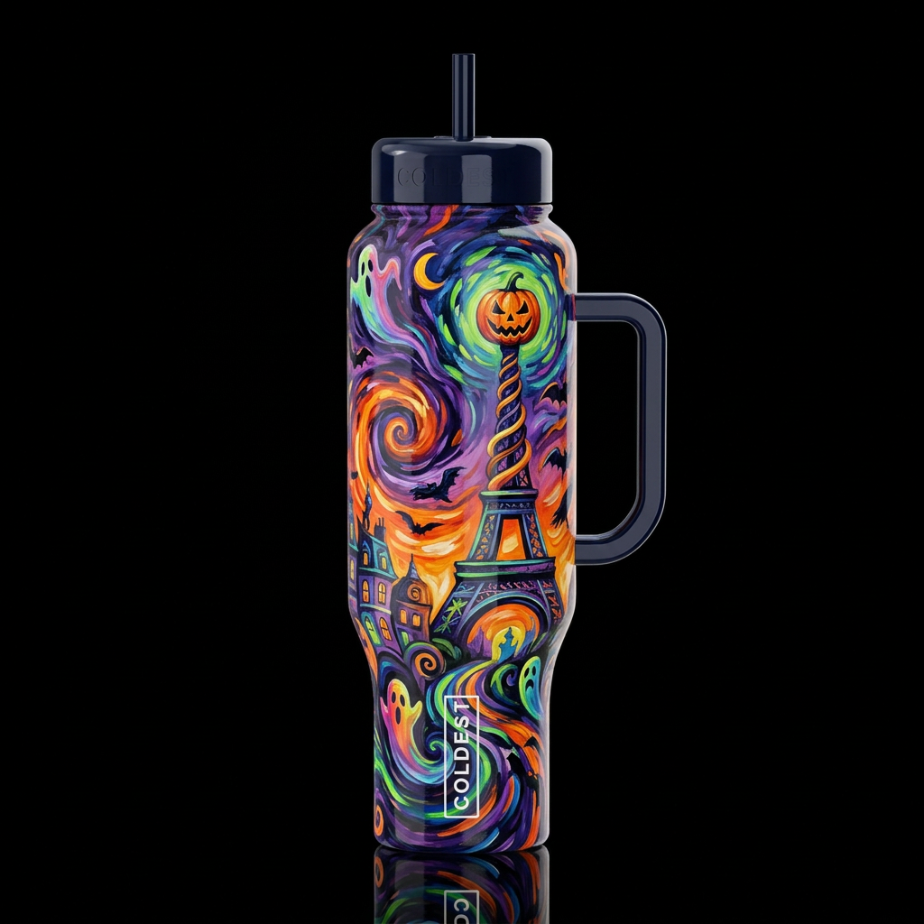 Halloween in Paris France, oil painted, swirls hig... water bottle design