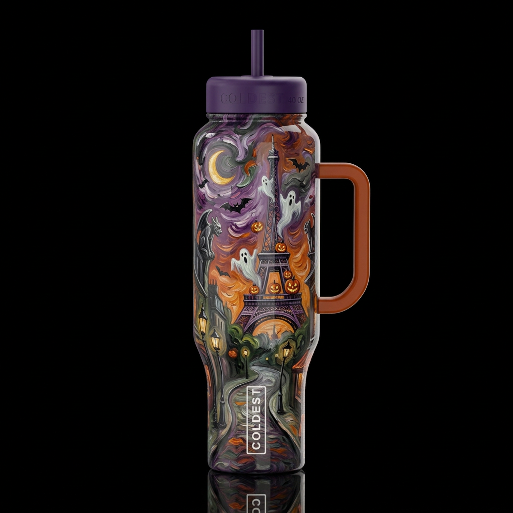 Halloween in Paris France, oil painted, swirls hig... water bottle design