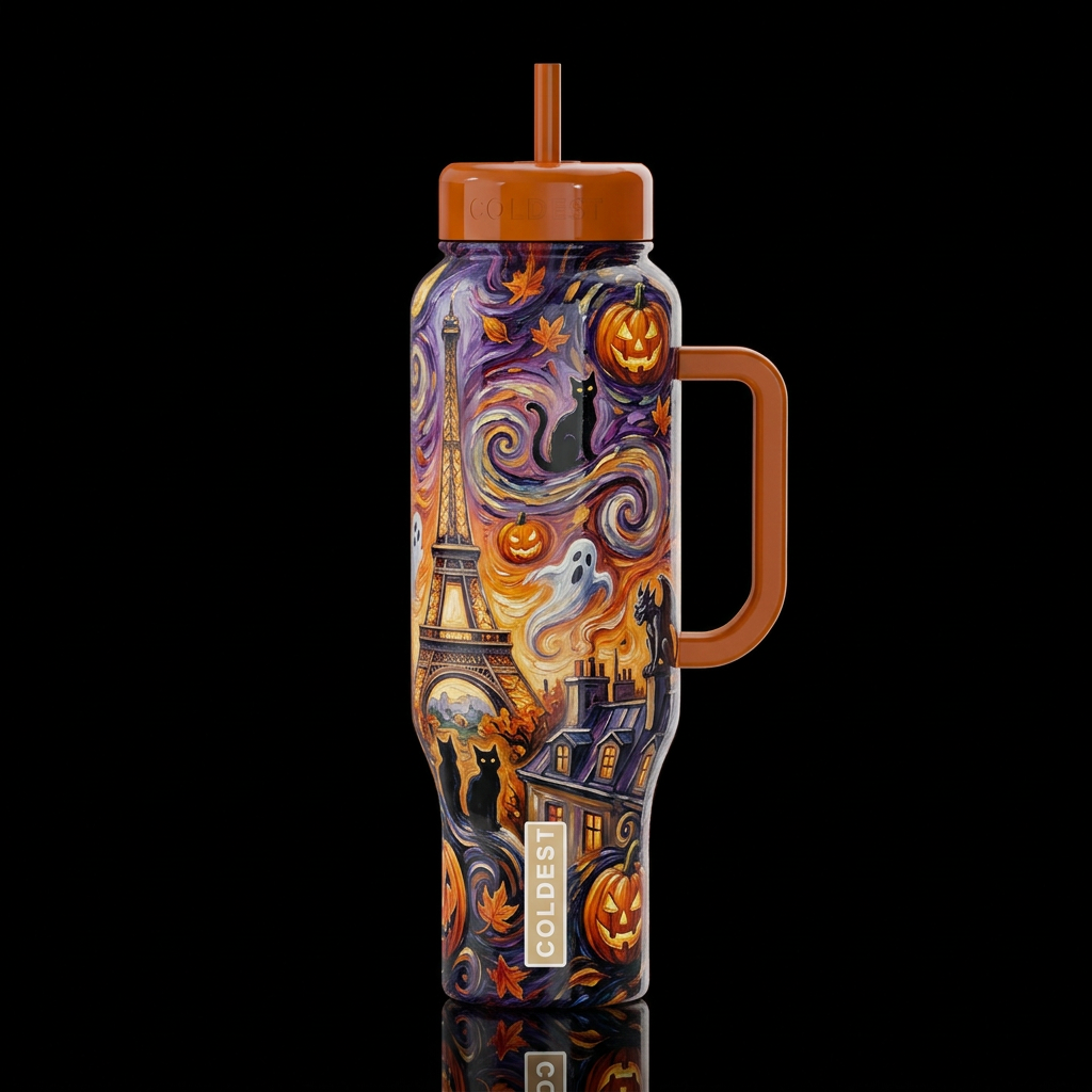 Halloween in Paris France, oil painted, swirls hig... water bottle design