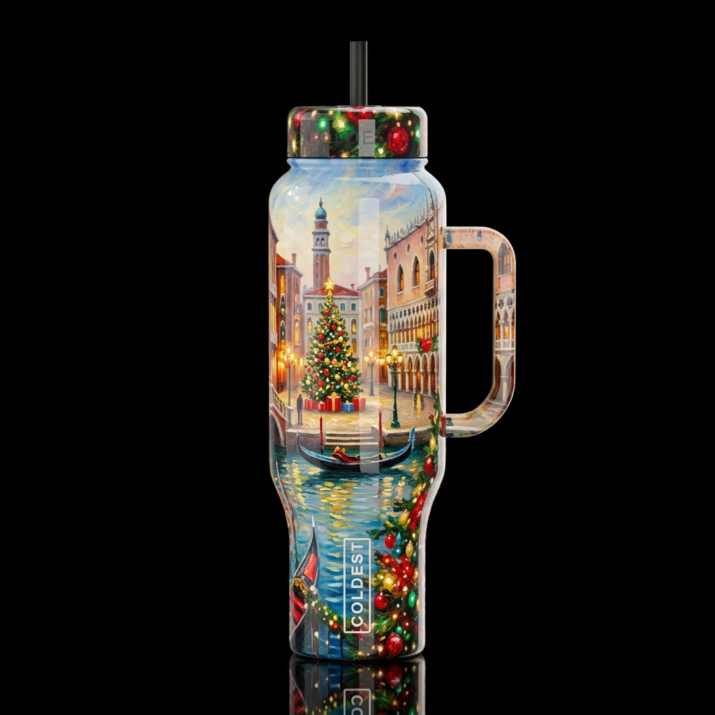 Christmas in Venice Italy, oil painted, oil painte... water bottle design