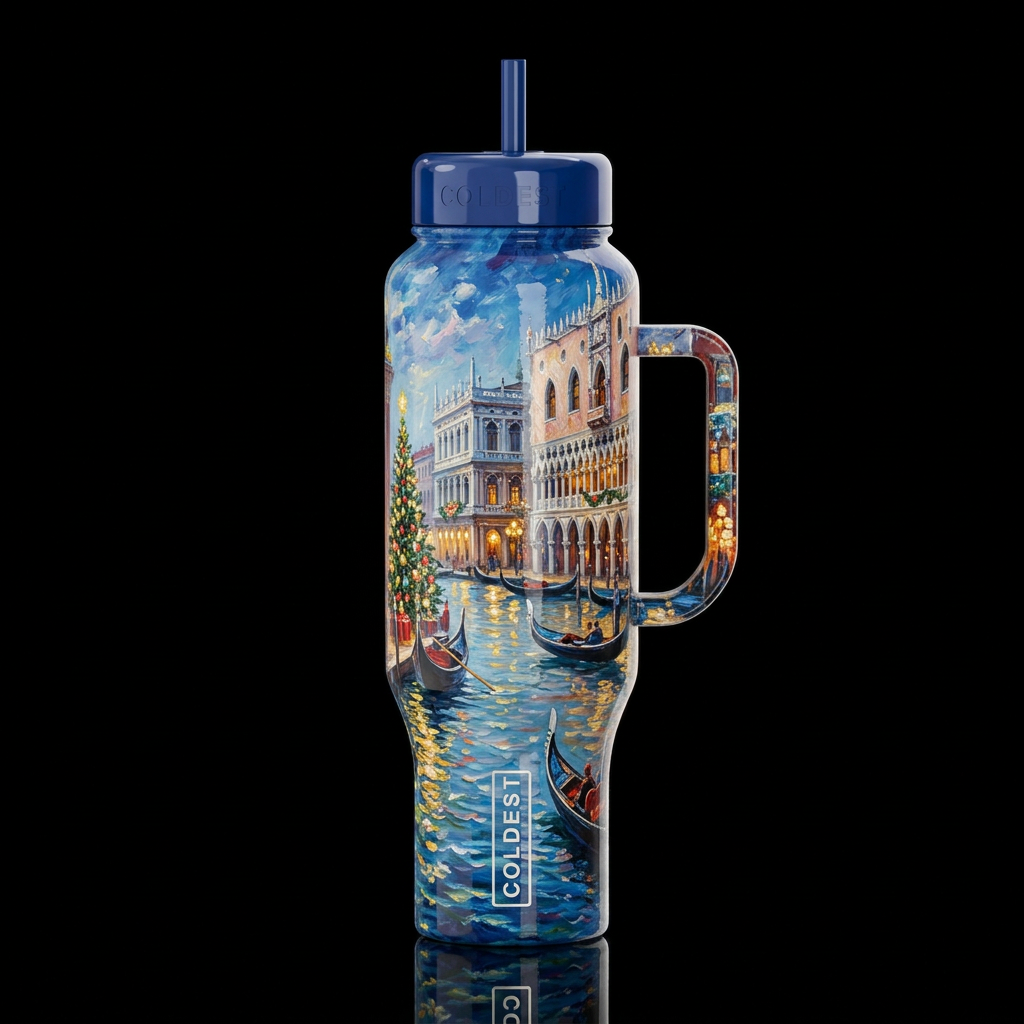 Christmas in Venice Italy, oil painted, oil painte... water bottle design