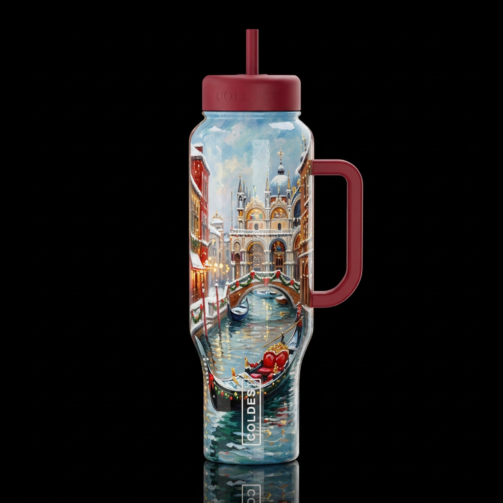 Christmas in Venice Italy, oil painted, oil painte... water bottle design