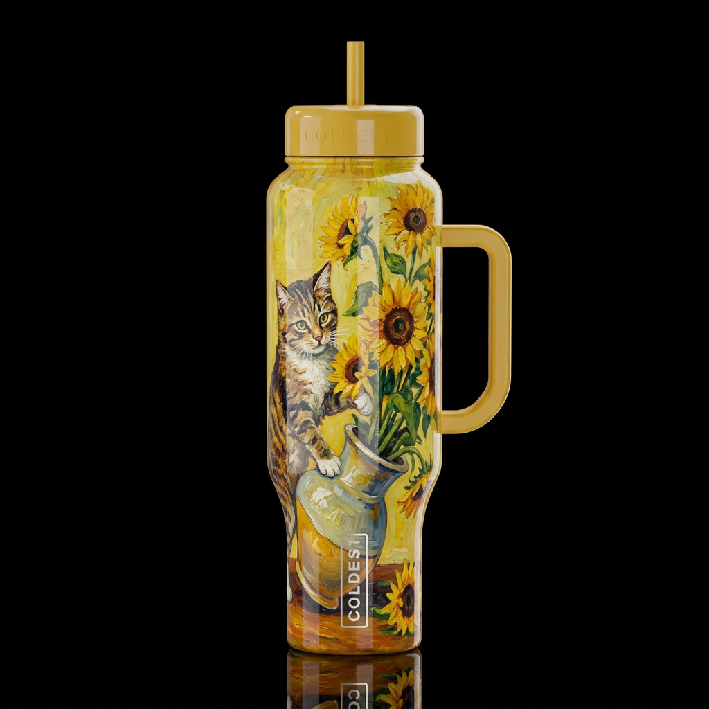 a cat knocking over World Market Sunflowers by Van... water bottle design