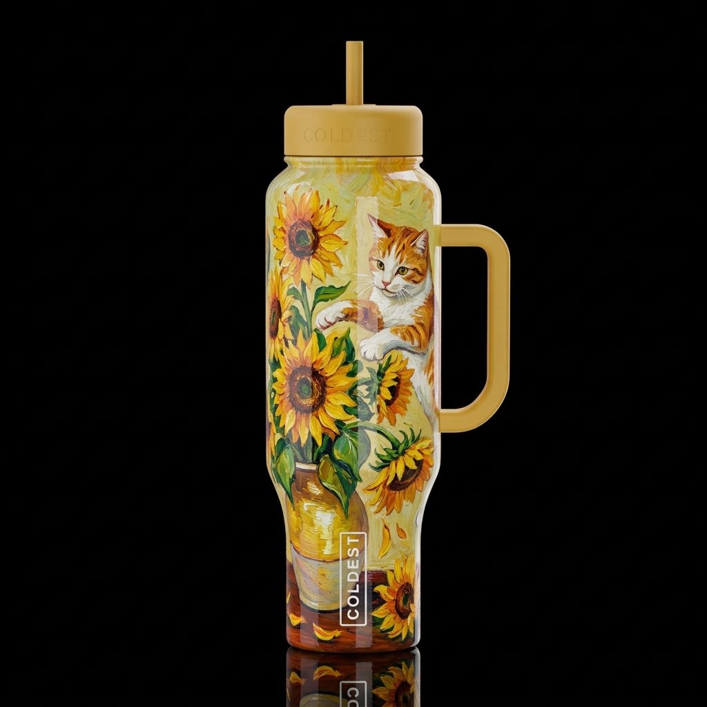 a cat knocking over World Market Sunflowers by Van... water bottle design