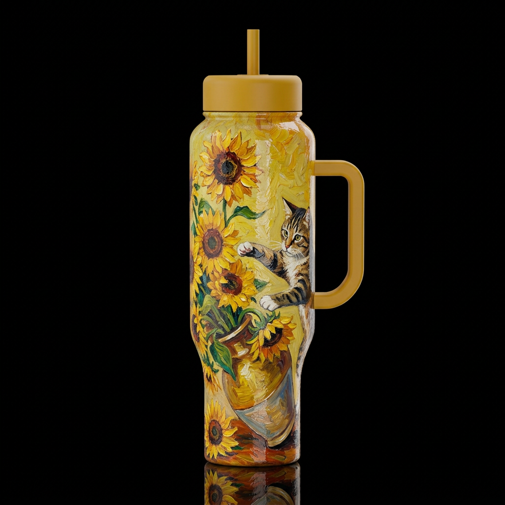 a cat knocking over World Market Sunflowers by Van... water bottle design