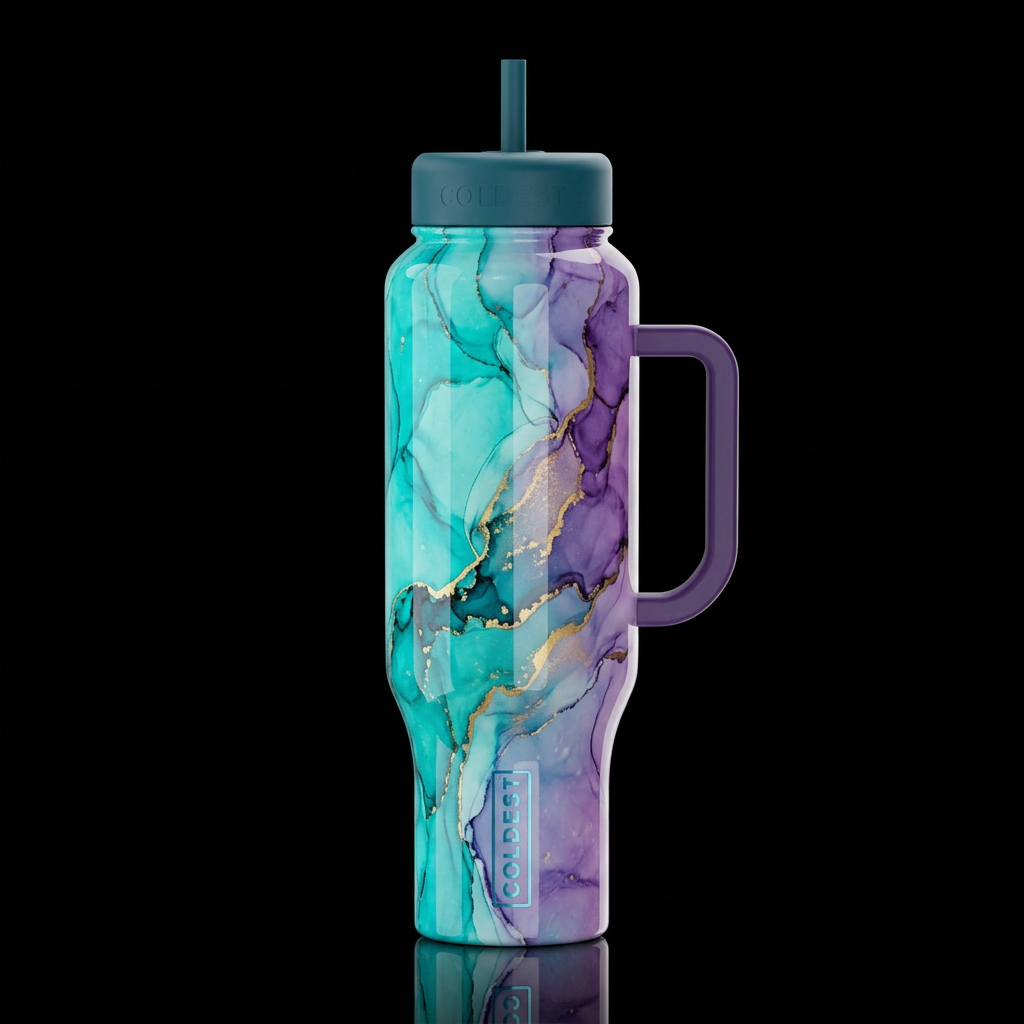 aquamarine ombre alcohol ink abstract waves Turquo... water bottle design