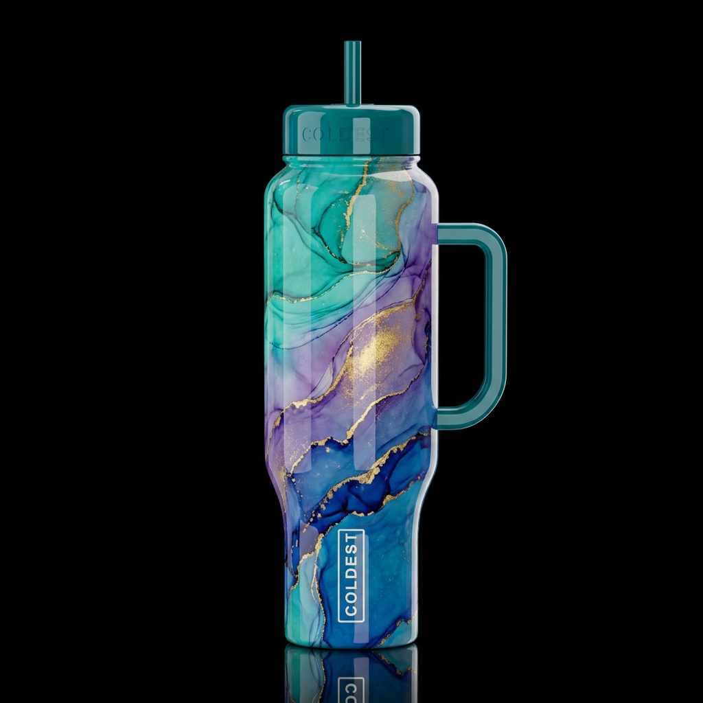 aquamarine ombre alcohol ink abstract waves Turquo... water bottle design