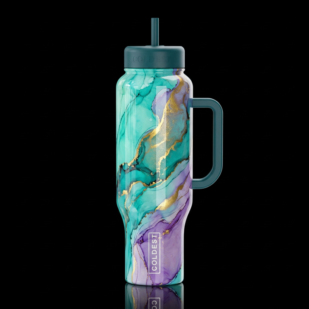 aquamarine ombre alcohol ink abstract waves Turquo... water bottle design