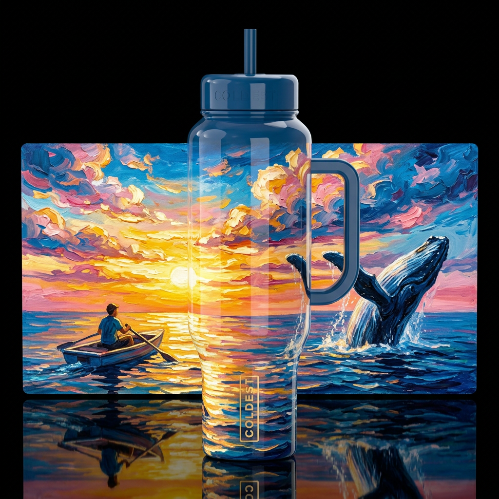 whale jumping up on top of the sea, a person in a ... water bottle design