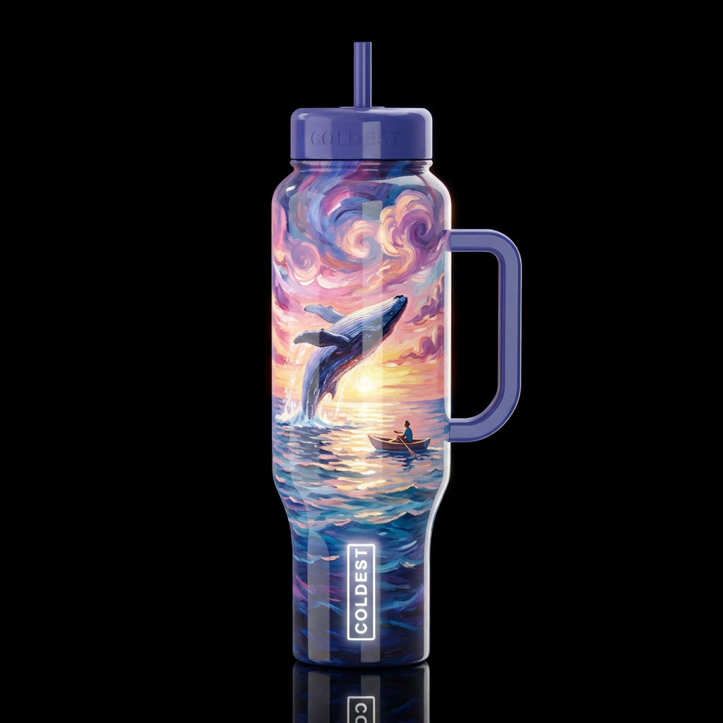 whale jumping up on top of the sea, a person in a ... water bottle design