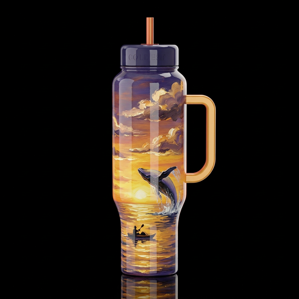 whale jumping up on top of the sea, a person in a ... water bottle design