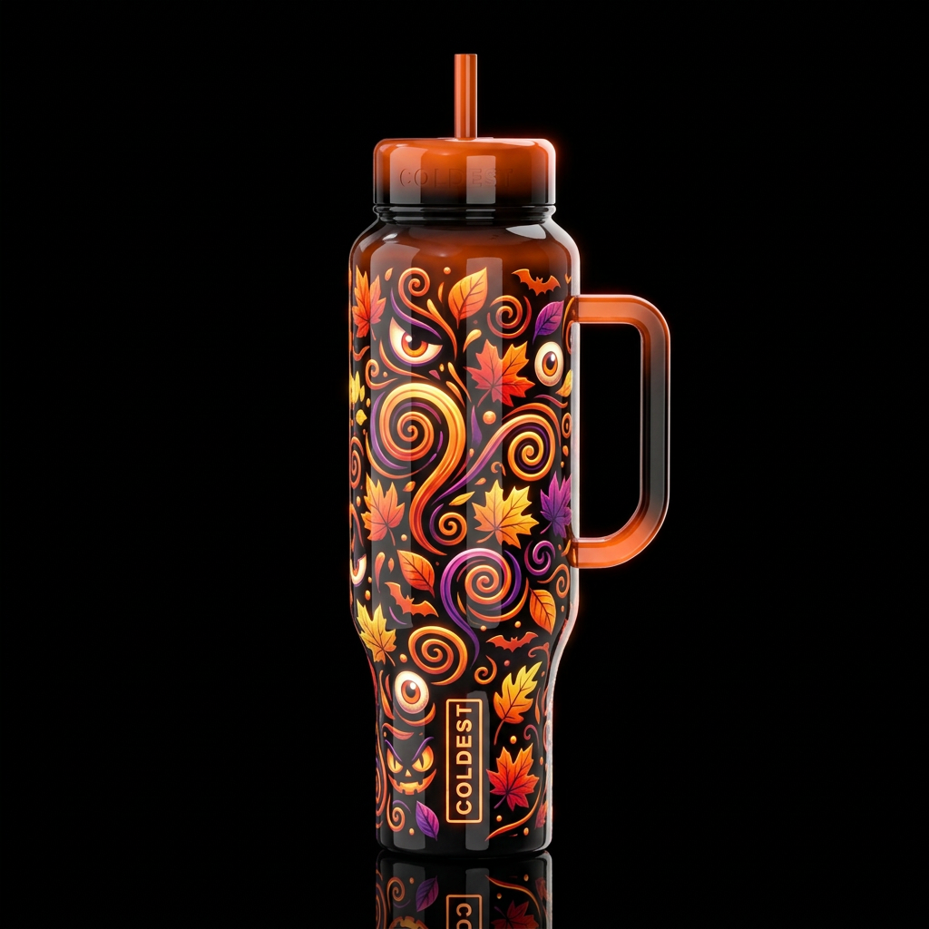 whimsical, autumn leaves, halloween spooky eyes ba... water bottle design