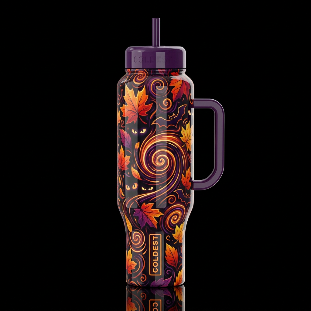whimsical, autumn leaves, halloween spooky eyes ba... water bottle design