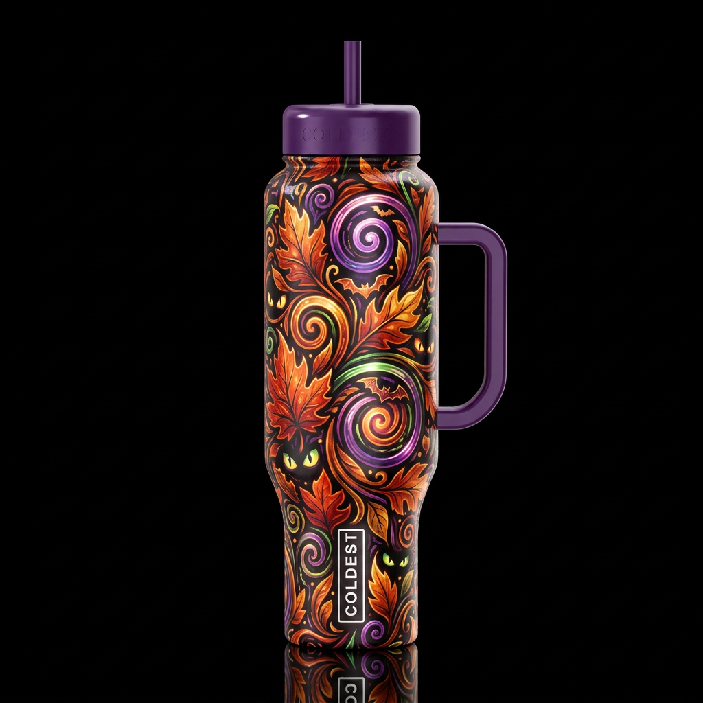 whimsical, autumn leaves, halloween spooky eyes ba... water bottle design