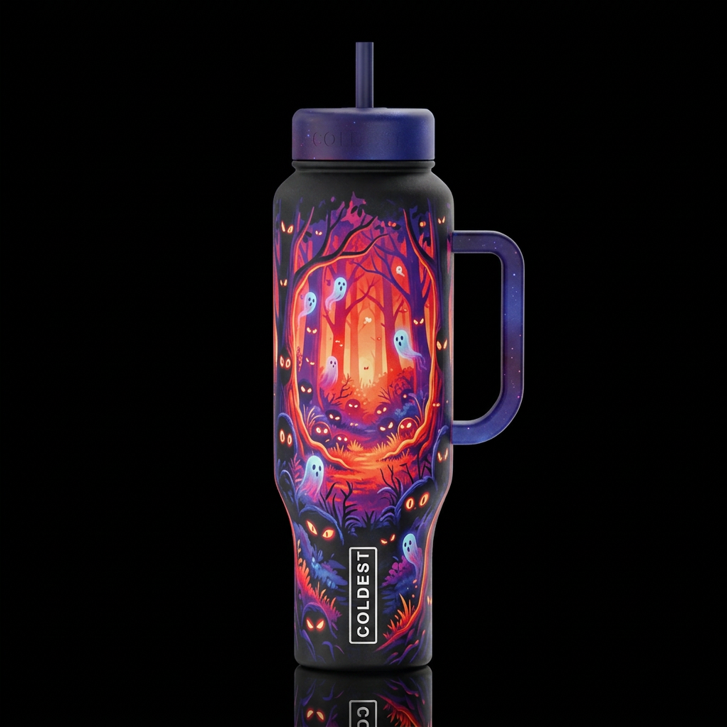 infrared, wonderland, forest with creepy glowie ey... water bottle design