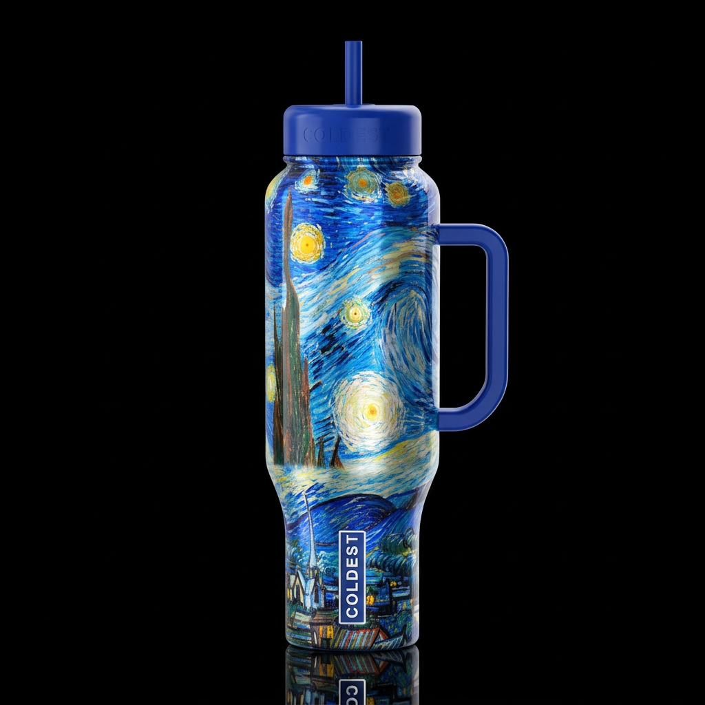 brushed metal Starry Night, whimsical high gloss water bottle design