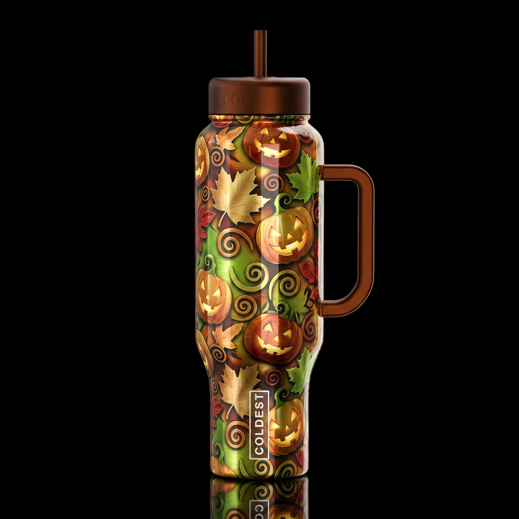brushed metal fall leaves wonderland jack o lanter... water bottle design