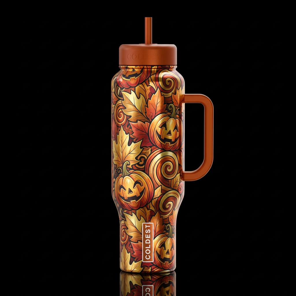 brushed metal fall leaves wonderland jack o lanter... water bottle design