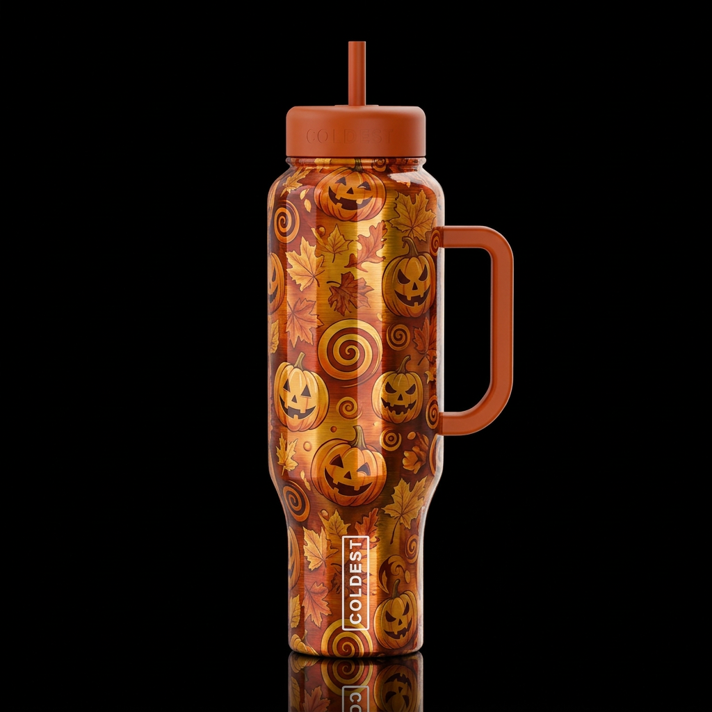brushed metal fall leaves wonderland jack o lanter... water bottle design