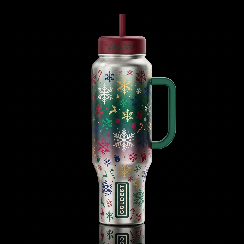 brush metal Christmas colors snow flakes wonderlan... water bottle design