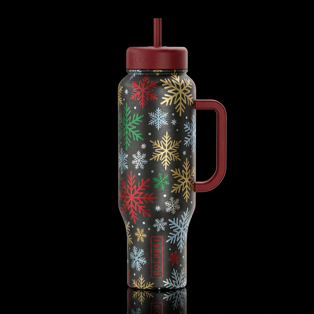brush metal Christmas colors snow flakes wonderlan... water bottle design
