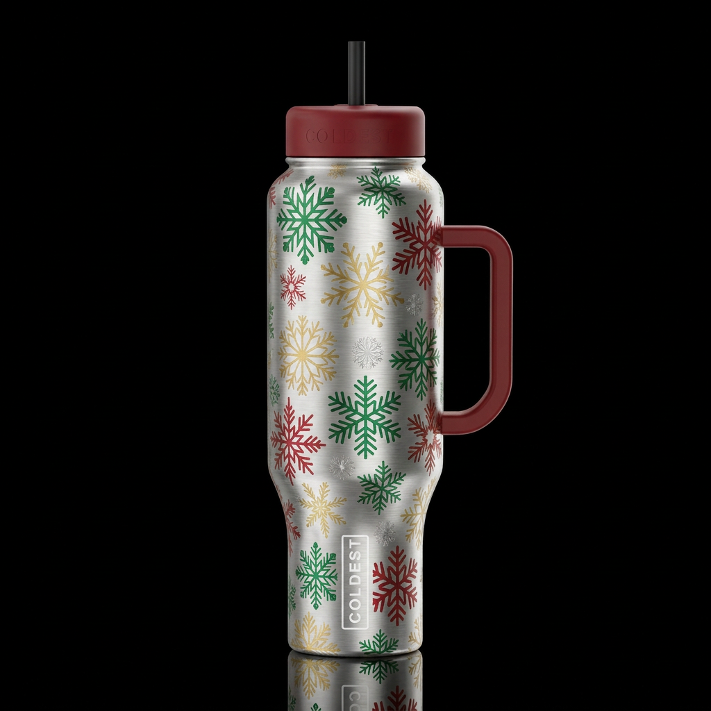 brush metal Christmas colors snow flakes wonderlan... water bottle design