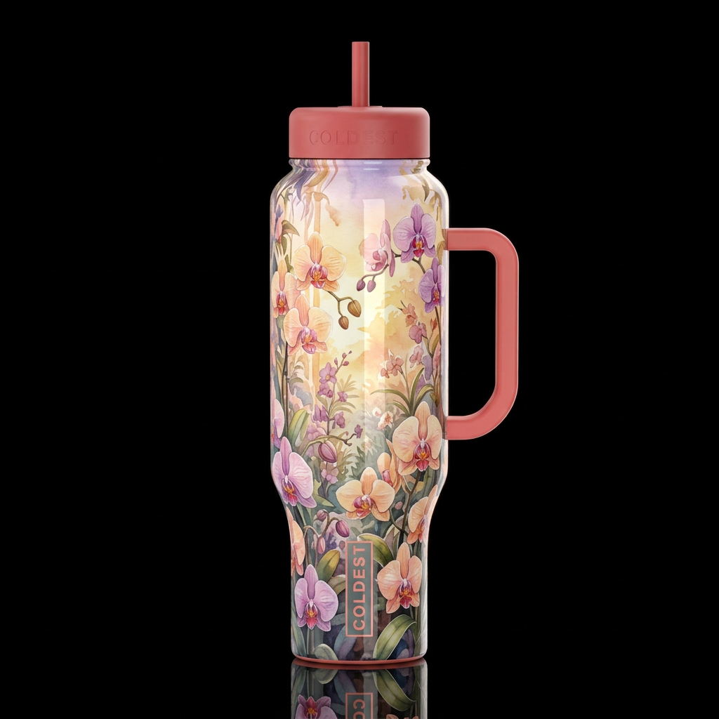 secret garden orchids, sunrise, watercolor high gl... water bottle design