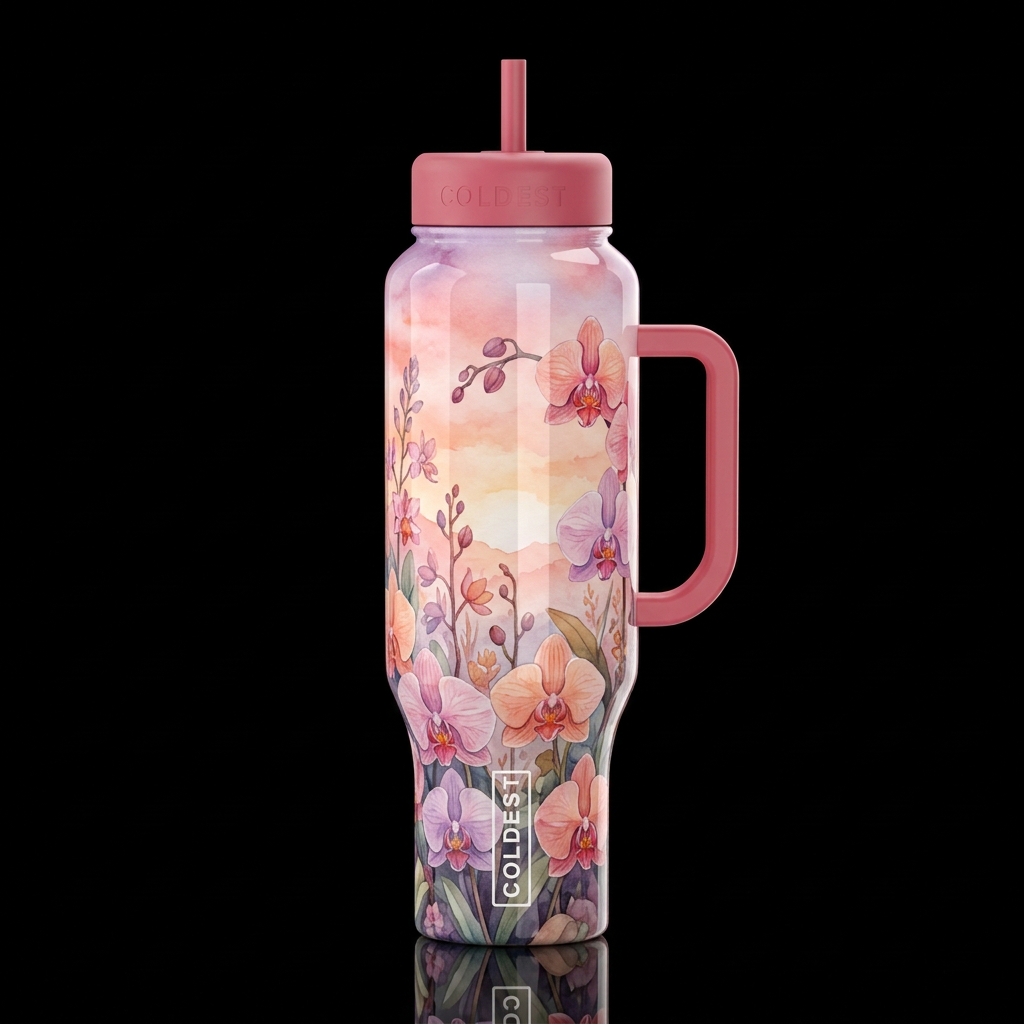 secret garden orchids, sunrise, watercolor high gl... water bottle design
