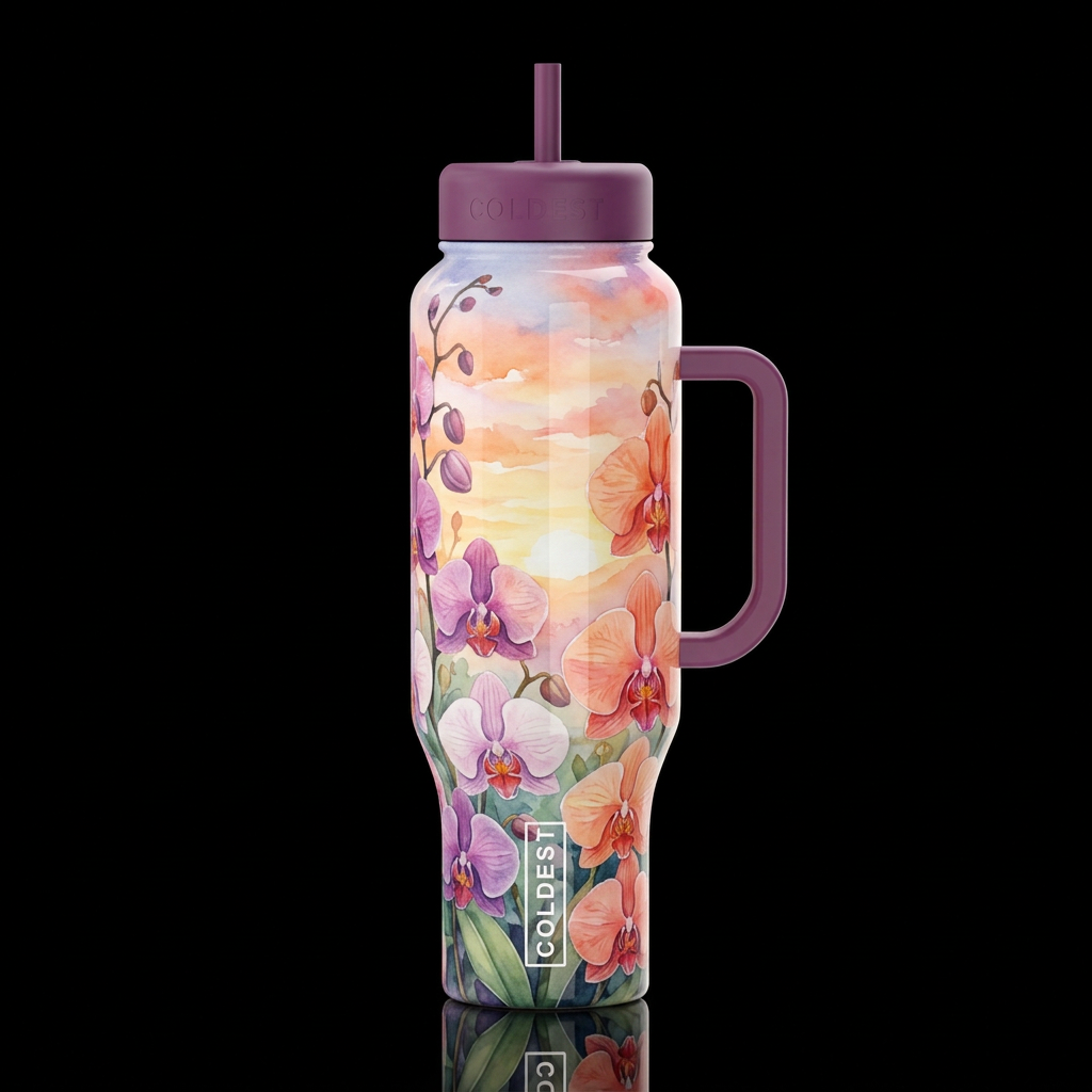 secret garden orchids, sunrise, watercolor high gl... water bottle design