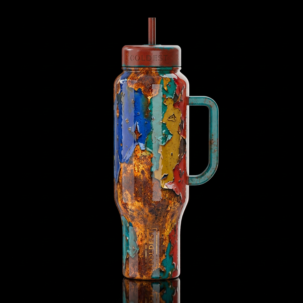 rusting and peeling paint high gloss, realism water bottle design