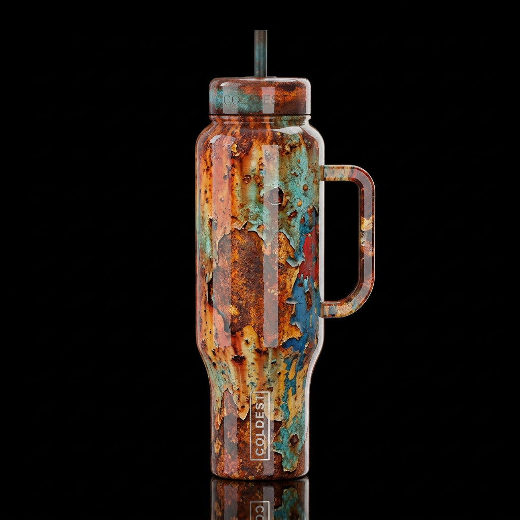 rusting and peeling paint high gloss, realism water bottle design