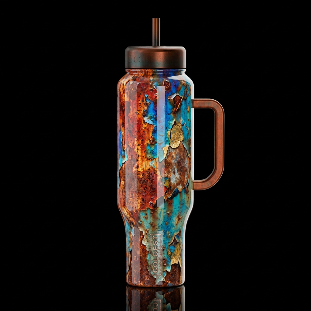 rusting and peeling paint high gloss, realism water bottle design