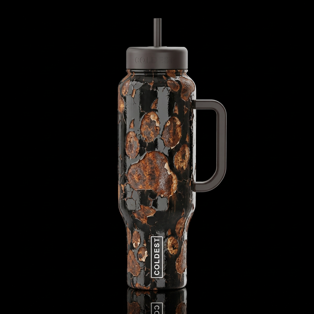 rusting and peeling paw prints high gloss water bottle design