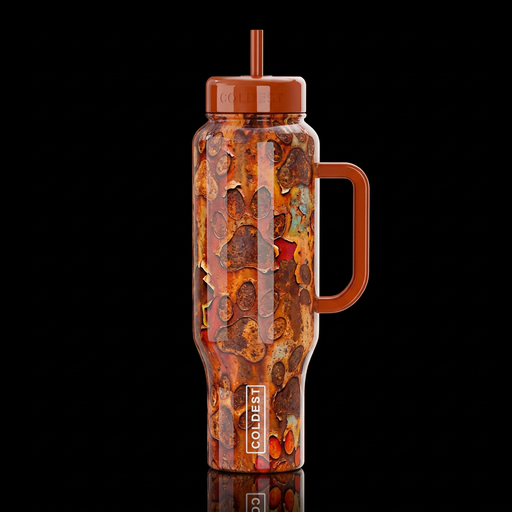 rusting and peeling paw prints high gloss water bottle design