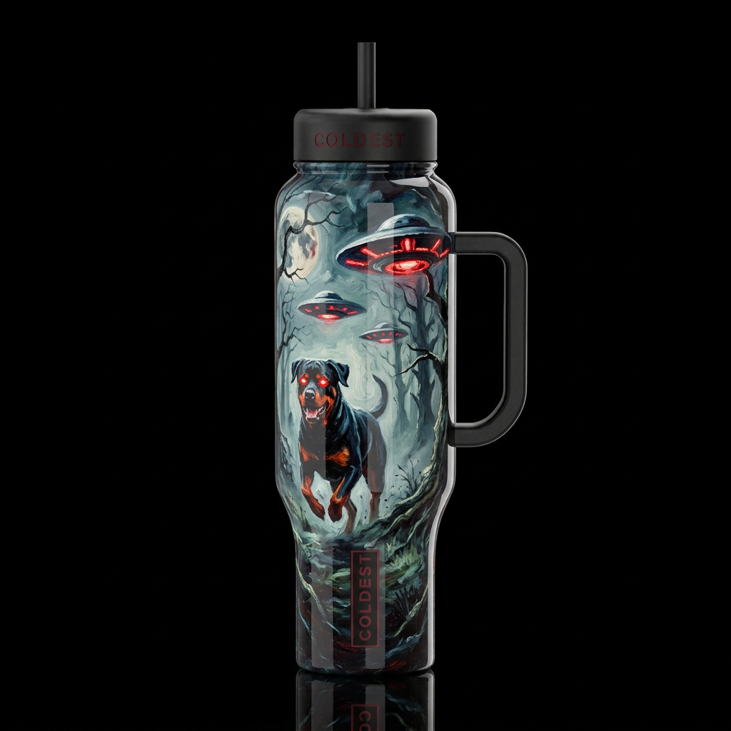 cosmic horror, misty forest moon rottweiler with r... water bottle design