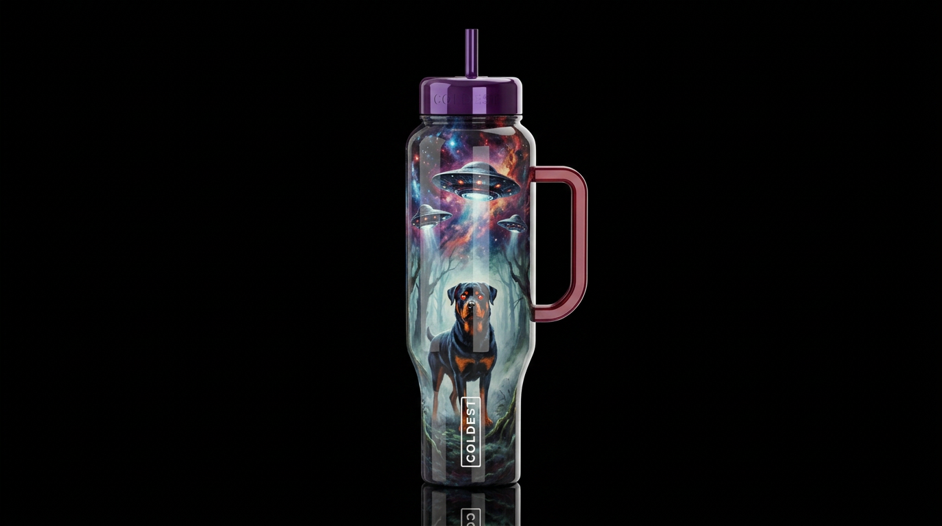 cosmic horror, misty forest moon rottweiler with r... water bottle design