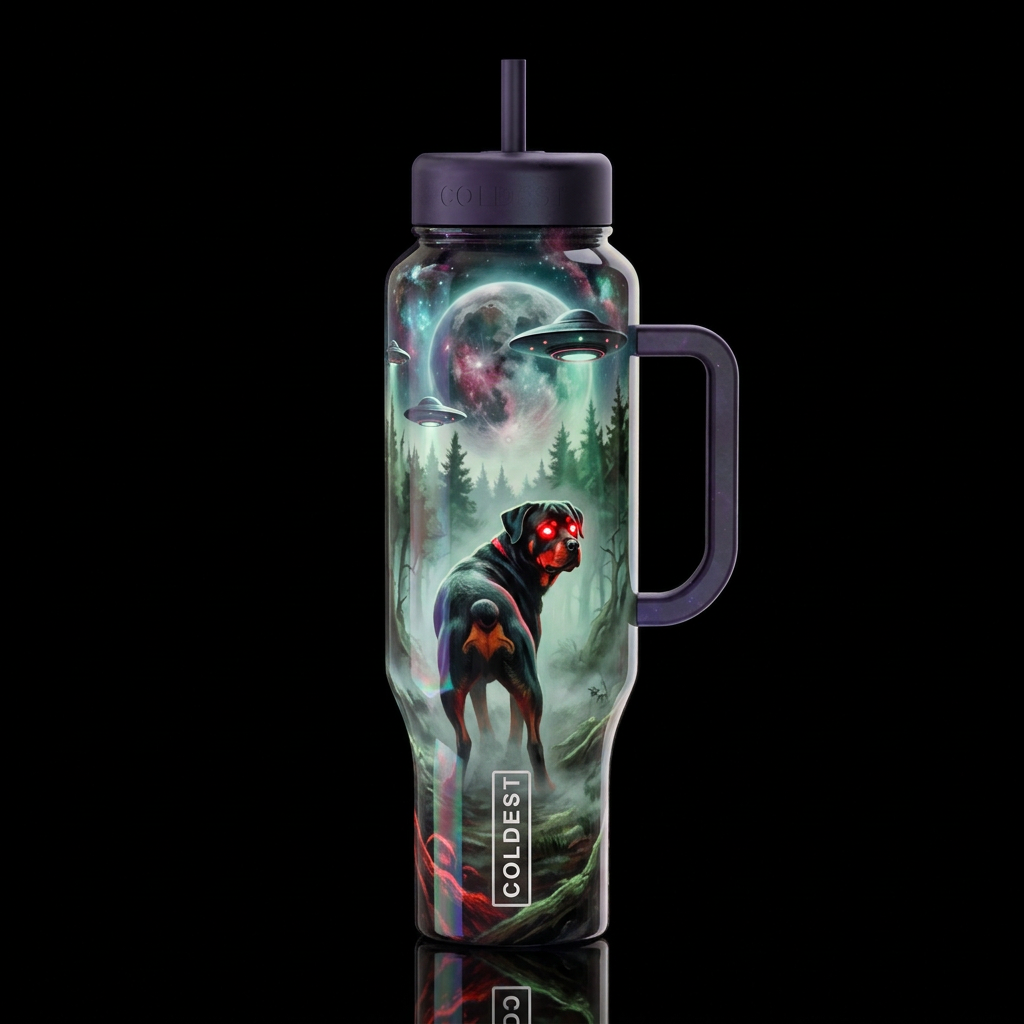 cosmic horror, misty forest moon rottweiler with r... water bottle design
