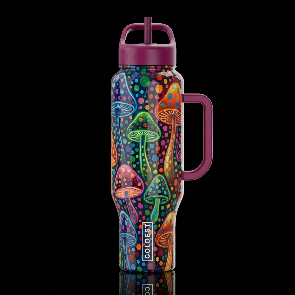Kusama inspired, colorful whimsical glowie mushroo... water bottle design