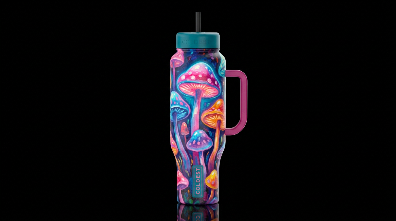 Kusama inspired, colorful whimsical glowie mushroo... water bottle design