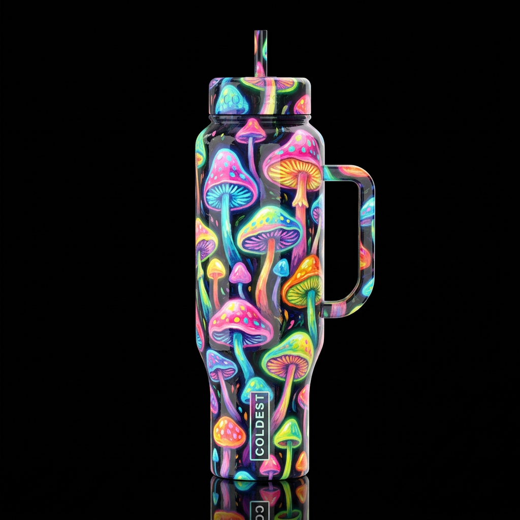 Kusama inspired, colorful whimsical glowie mushroo... water bottle design