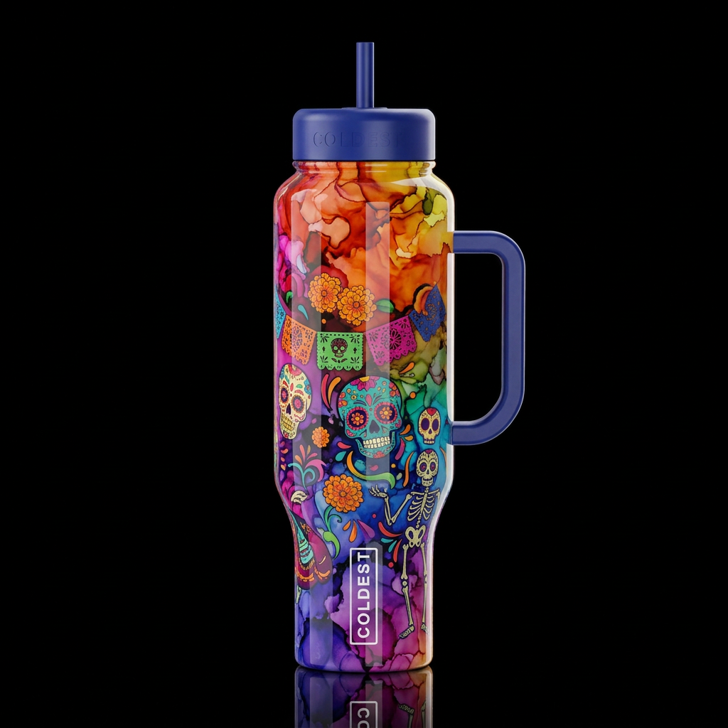 ombre art Alcohol Ink abstract day of dead colorfu... water bottle design