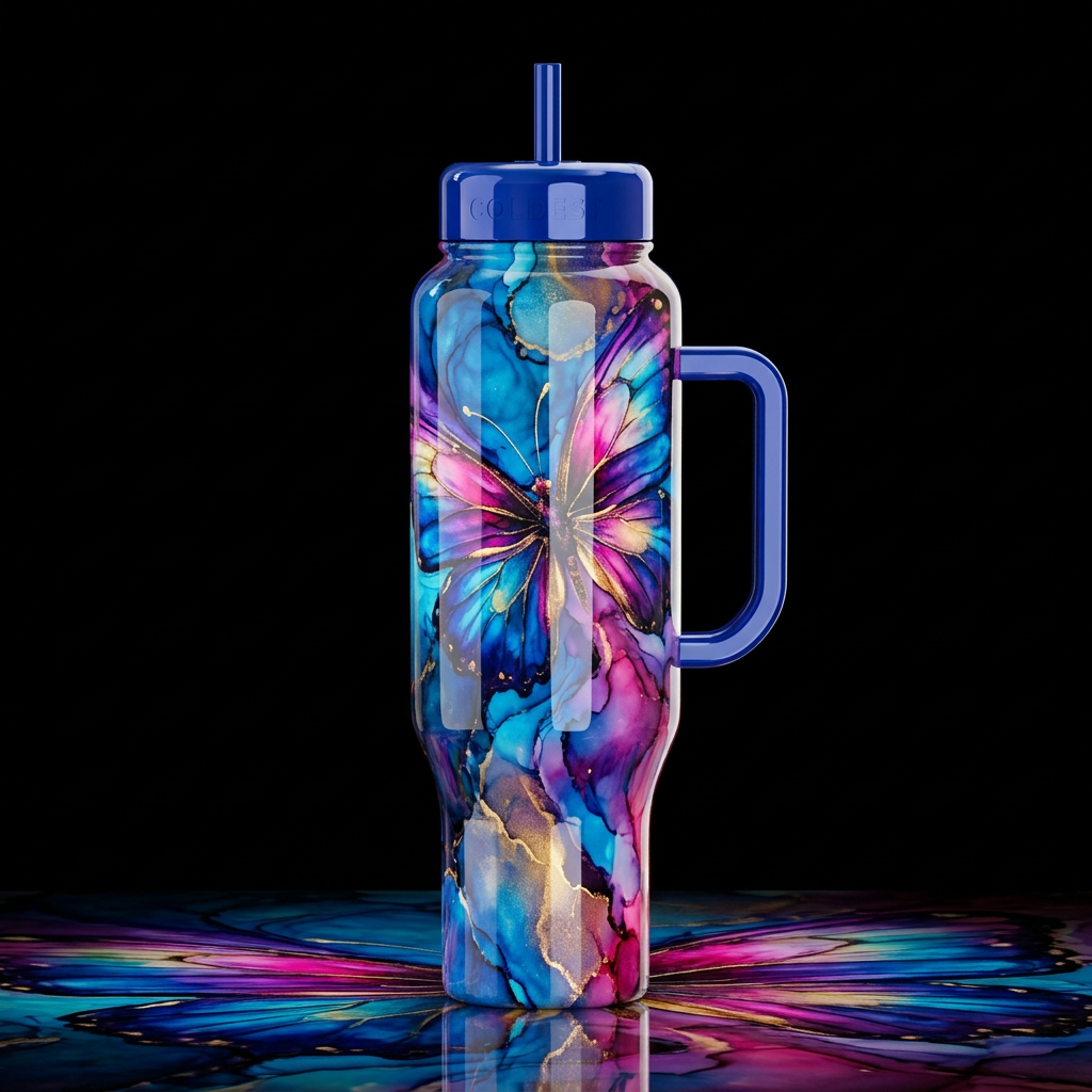 ombre art alcohol ink abstract butterfly's, vibran... water bottle design