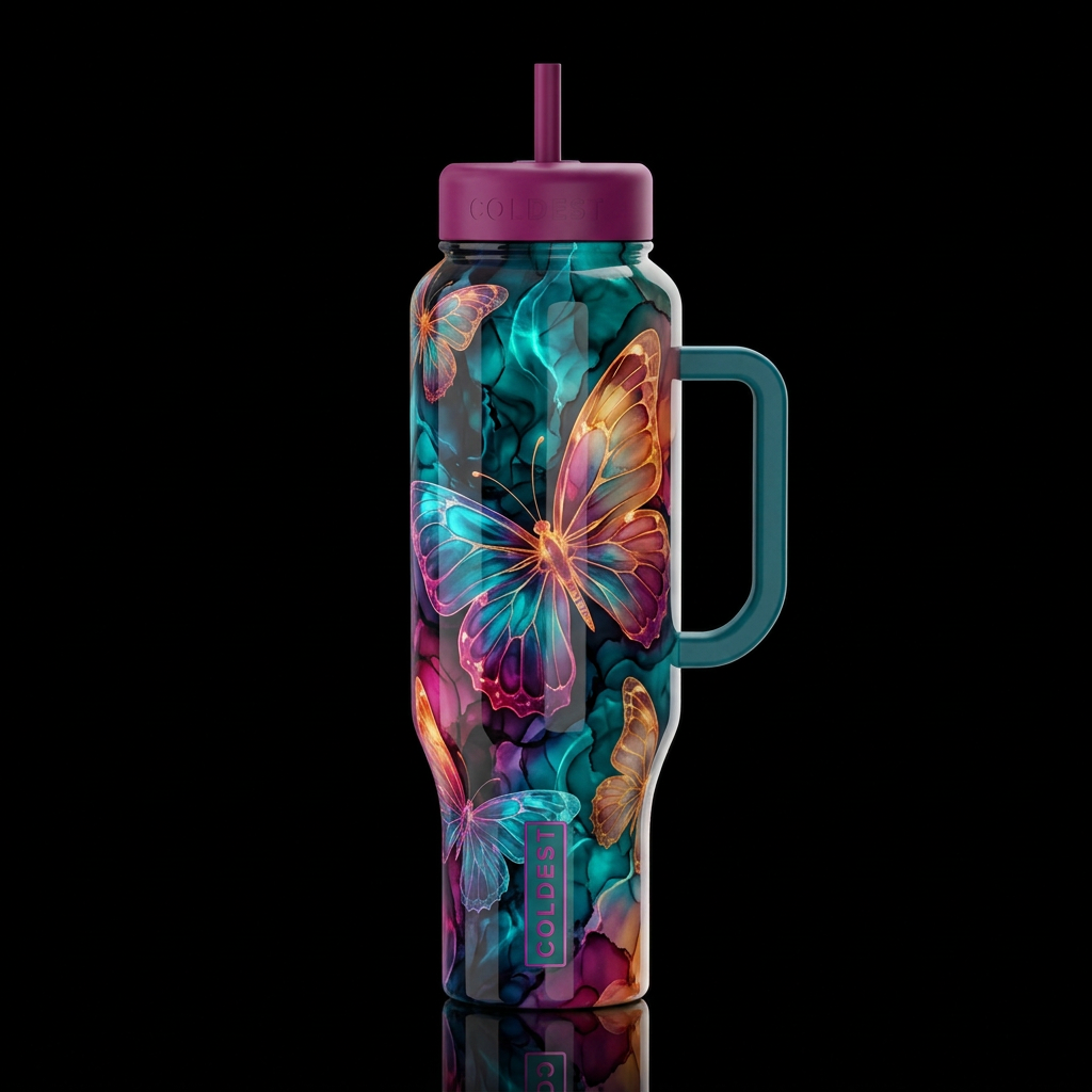 ombre art alcohol ink abstract butterfly's, vibran... water bottle design
