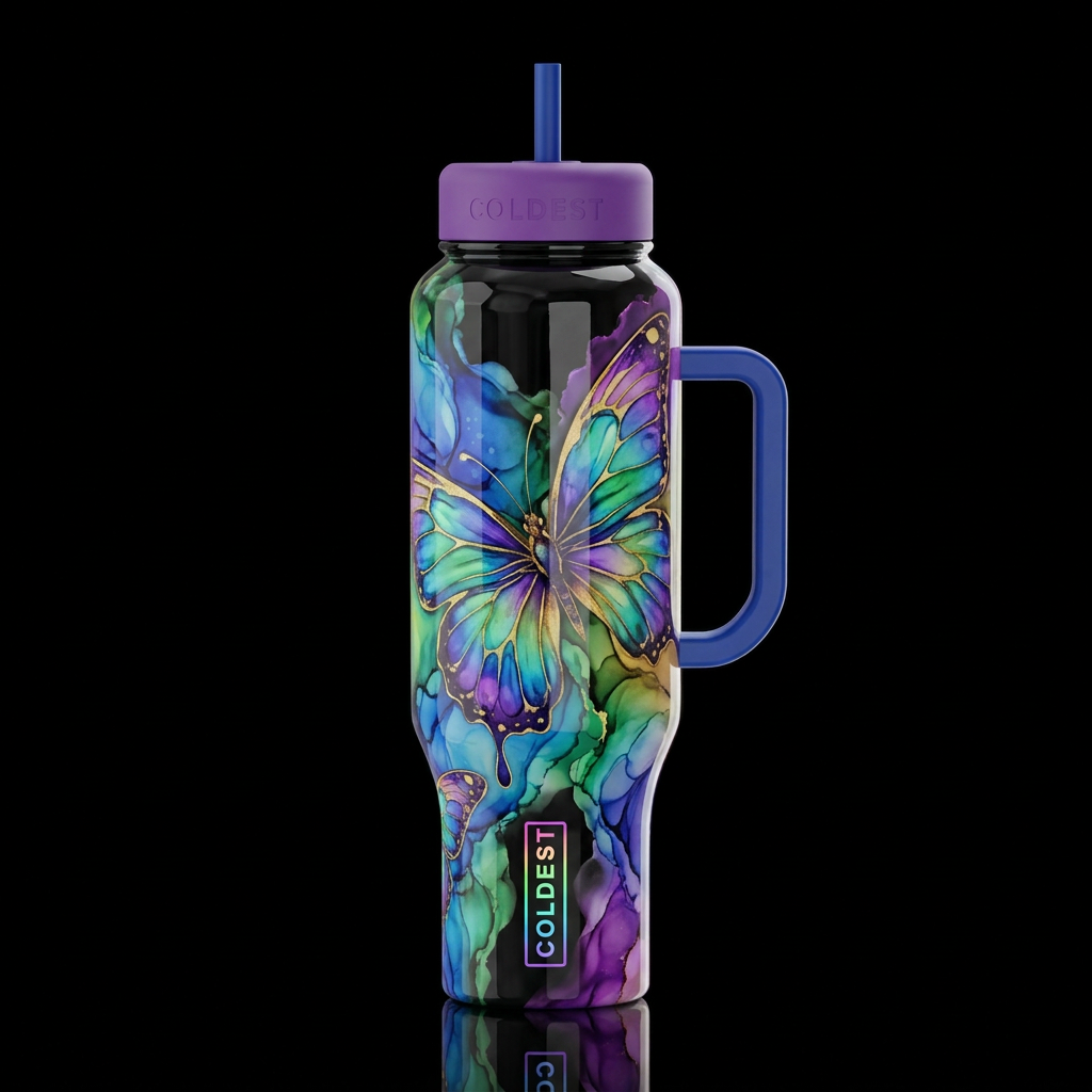 ombre art alcohol ink abstract butterfly's, vibran... water bottle design
